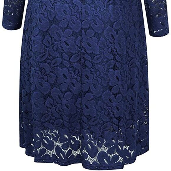 Off Shoulder Lace Retro Pinup Vintage 1950s Long Sleeves Swing Navy Dress L NWT - Picture 6 of 13